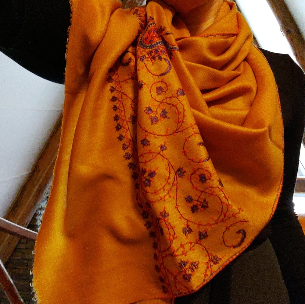 Hand Embroidered Golden Yellow/Orange Hand Woven Pashmina Scarf